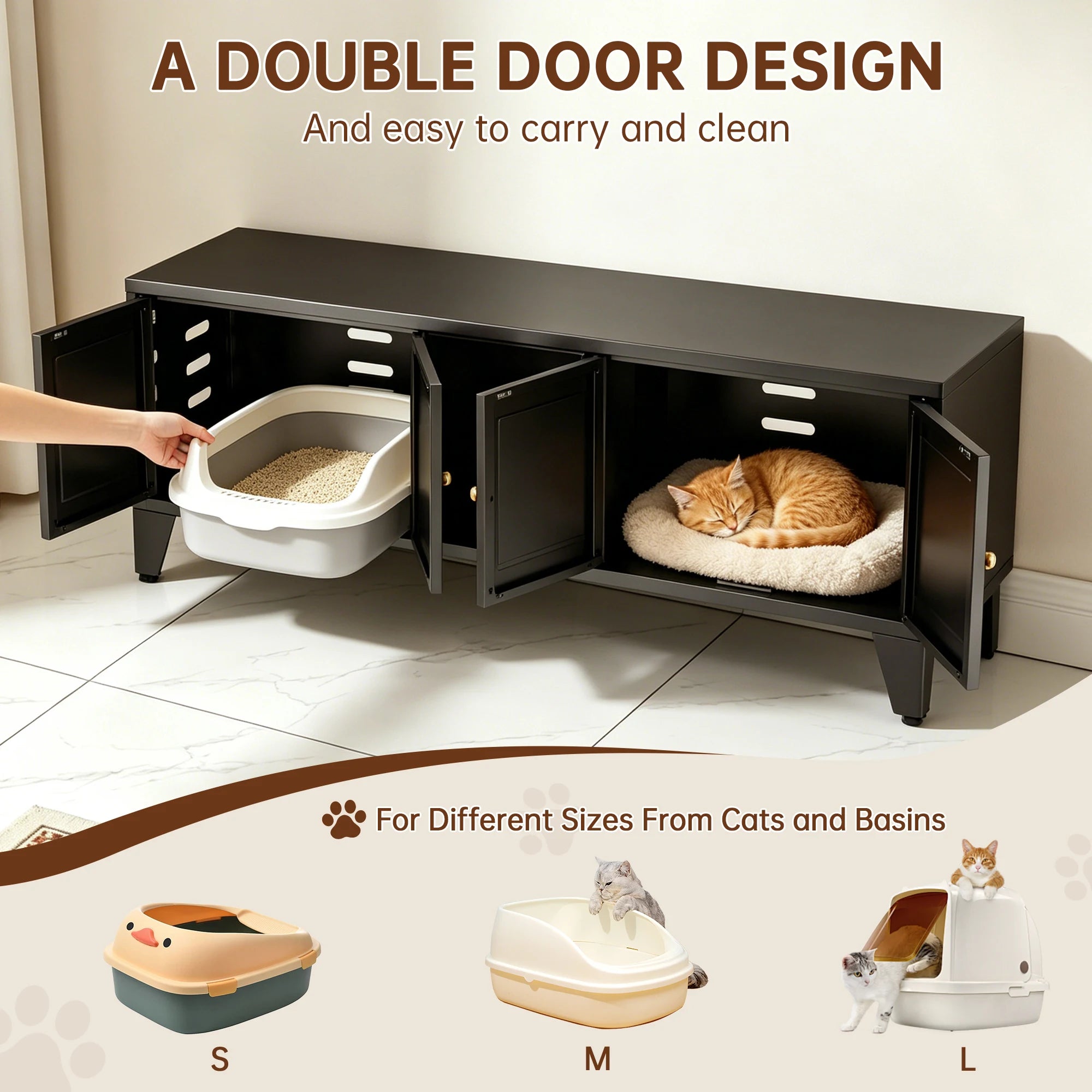 58" Metal Cat Litter Box Enclosure, Hidden Litter Box Furniture for 2 Cats, Large Indoor Cat House TV Stand Cabinet with Ventilation & 2 Compartments, Black Modern Pet Washroom with Adjustable Legs