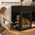 71 Inch Furniture Style Double Dog Crate, Black Large Dog Kennel Furniture with 3 Fluted Drawers Waterproof Walnut Woodgrain Tabletop, Type C Power Outlet Rotating Feeders Stainless Steel Bowls, Heavy Duty Wood Steel Dog Crat