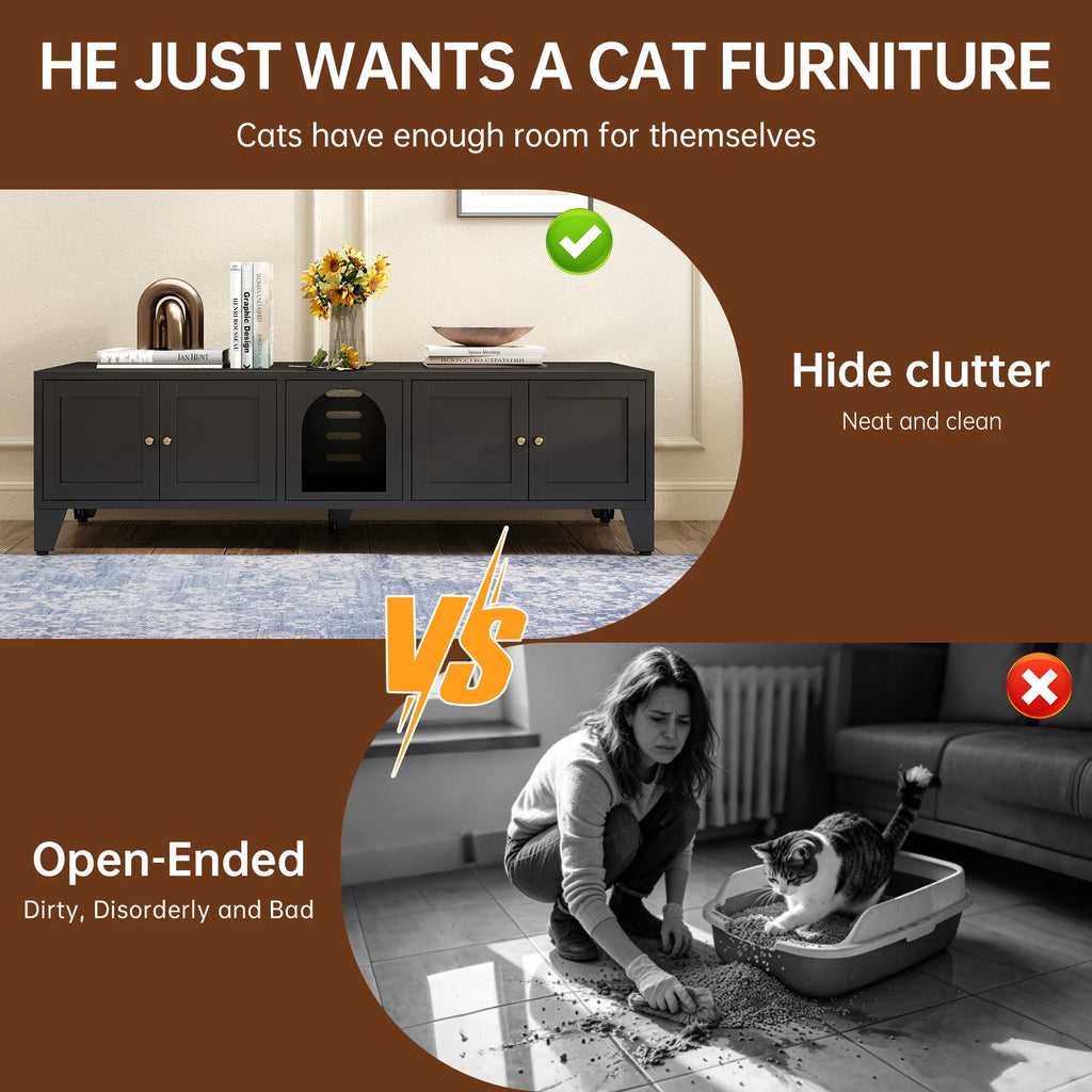 58" Metal Cat Litter Box Enclosure, Hidden Litter Box Furniture for 2 Cats, Large Indoor Cat House TV Stand Cabinet with Ventilation & 2 Compartments, Black Modern Pet Washroom with Adjustable Legs