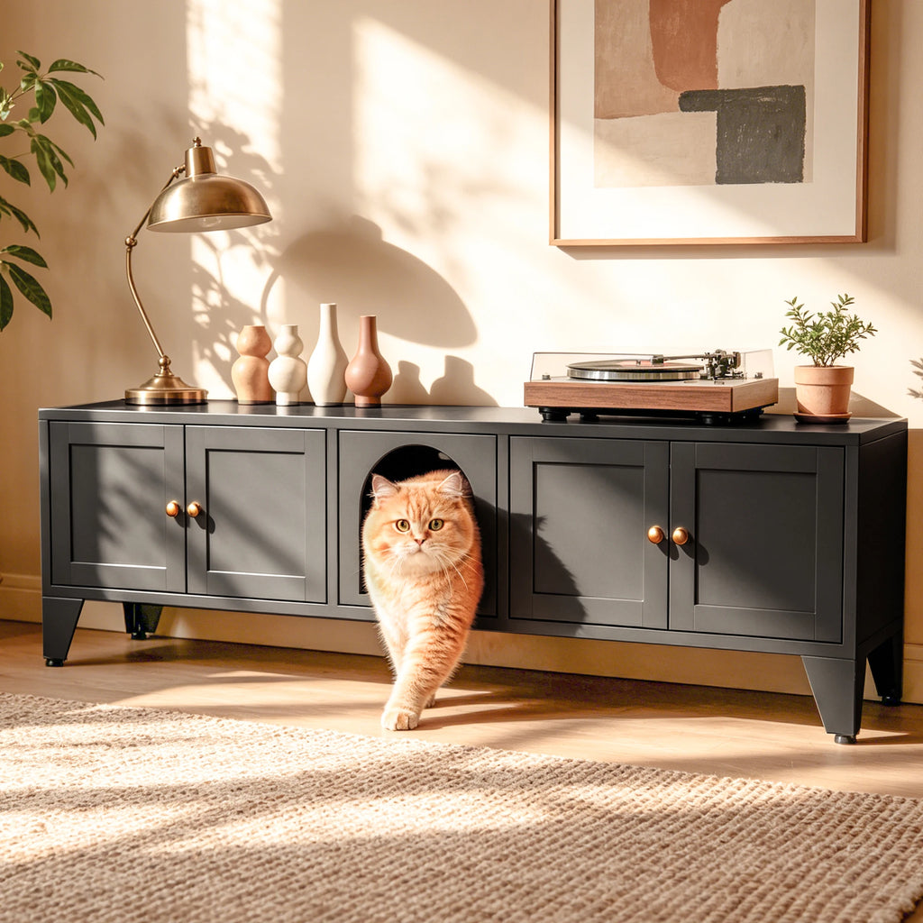 58" Metal Cat Litter Box Enclosure, Hidden Litter Box Furniture for 2 Cats, Large Indoor Cat House TV Stand Cabinet with Ventilation & 2 Compartments, Black Modern Pet Washroom with Adjustable Legs