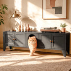 58" Metal Cat Litter Box Enclosure, Hidden Litter Box Furniture for 2 Cats, Large Indoor Cat House TV Stand Cabinet with Ventilation & 2 Compartments, Black Modern Pet Washroom with Adjustable Legs