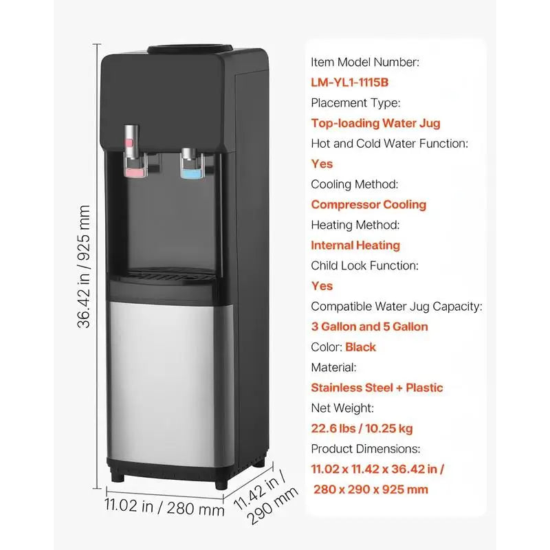 Top Loading Water Cooler Dispenser, Hot and Cold Water Dispenser for 3 or 5 Gallons Bottles, Sturdy Stainless Steel and Child Security Lock, Ideal for Homes, Kitchens, Offices, Dorms, Black