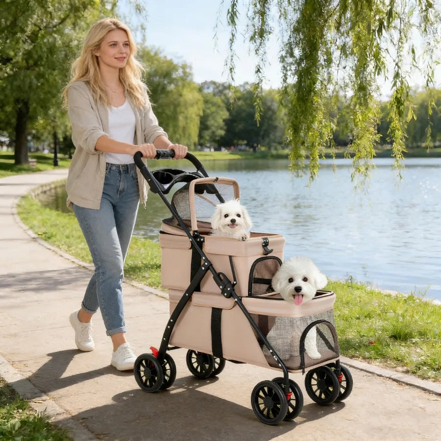 Double Pet Stroller for Small Cats and Dogs, Foldable Kittens Puppies Travel Strolling Cart with 2 Carriages, Lockable Wheels,