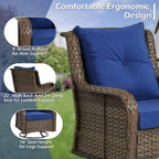 3-Piece Wicker Outdoor Furniture Set with Swivel Rocking Chairs and Side Table - Brown Wicker/Blue Cushions