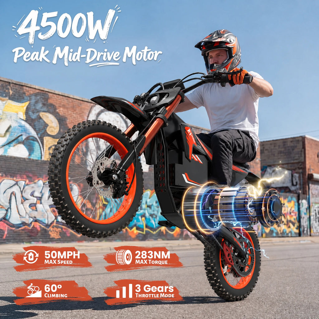 QRONGE X1 Spark L Electric Dirt Bike, 4500W Peak Electric Bicycle, 60V 28.8Ah Up to 50MPH & 60 Miles Electric Motorcycle, 17"/14" Off-Road Tire E-Dirt Bike for Adults Teens + 1 Year Warranty