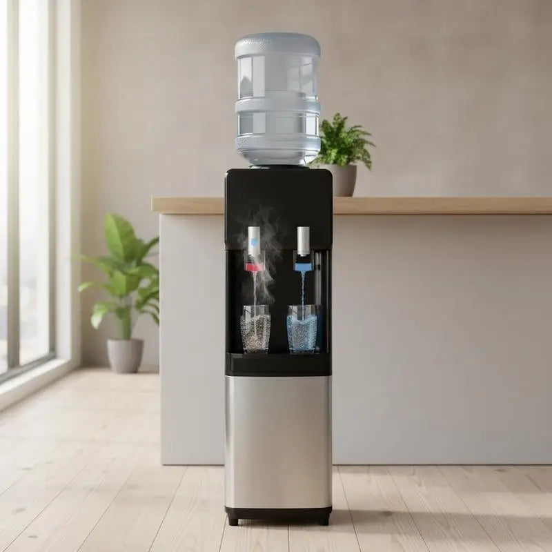 Top Loading Water Cooler Dispenser, Hot and Cold Water Dispenser for 3 or 5 Gallons Bottles, Sturdy Stainless Steel and Child Security Lock, Ideal for Homes, Kitchens, Offices, Dorms, Black