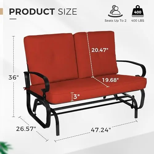 Outdoor Patio Glider Chair, Rocking Glider Bench for 2 Person, Porch Furniture Loveseat Seating, Wrought Iron Patio