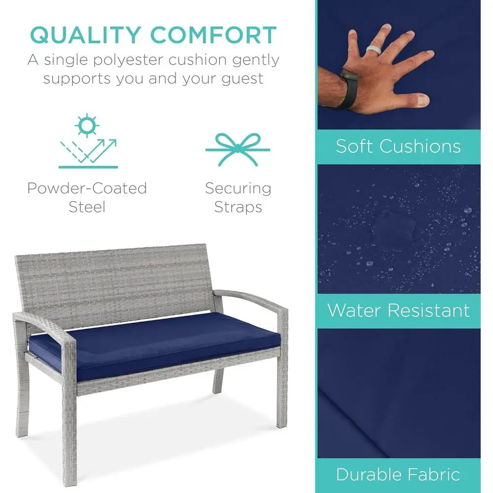 Outdoor Bench 2-Person Wicker Garden Patio Benches Seating urniture or Backyard, Porch w/Seat Cushion, 700lb acity - Gray/Navy