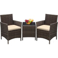 3-Piece Outdoor PE Rattan Furniture Set with Cushions and Glass Coffee Table, Brown and Beige