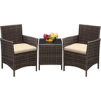 3-Piece Outdoor PE Rattan Furniture Set with Cushions and Glass Coffee Table, Brown and Beige
