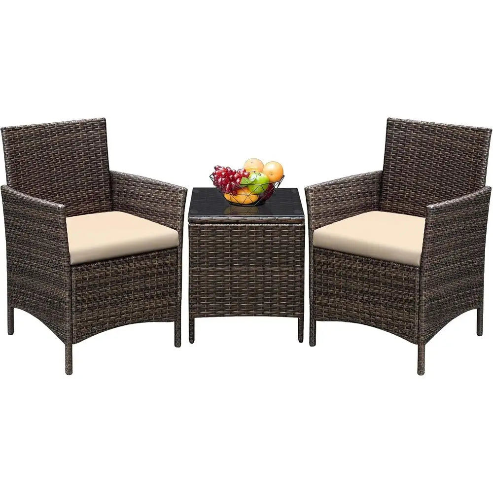 3-Piece Outdoor PE Rattan Furniture Set with Cushions and Glass Coffee Table, Brown and Beige