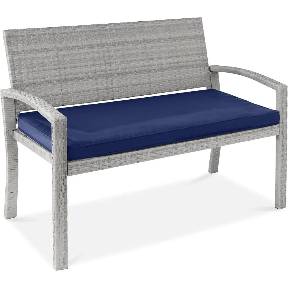 Outdoor Bench 2-Person Wicker Garden Patio Benches Seating urniture or Backyard, Porch w/Seat Cushion, 700lb acity - Gray/Navy