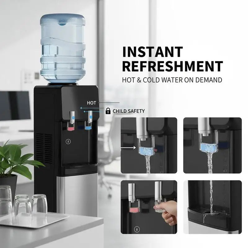 Top Loading Water Cooler Dispenser, Hot and Cold Water Dispenser for 3 or 5 Gallons Bottles, Sturdy Stainless Steel and Child Security Lock, Ideal for Homes, Kitchens, Offices, Dorms, Black