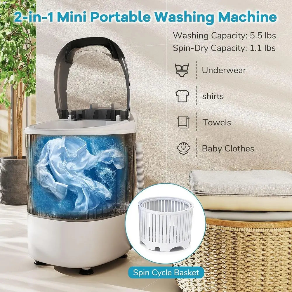 Portable Mini Washing hine, 5.5 lbs acity Small Compact Laundry Washer with Spin Tub & Drain Hose, Semi-automatic Washer hine or