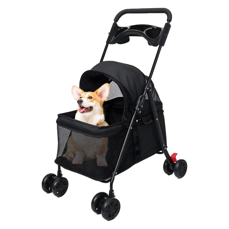 4 Wheels Dog Cat Stroller, Outdoor Travel Pet Folding Stroller, Dog Cat Cage Stroller with Cup Holder, Visible Window for Mediu