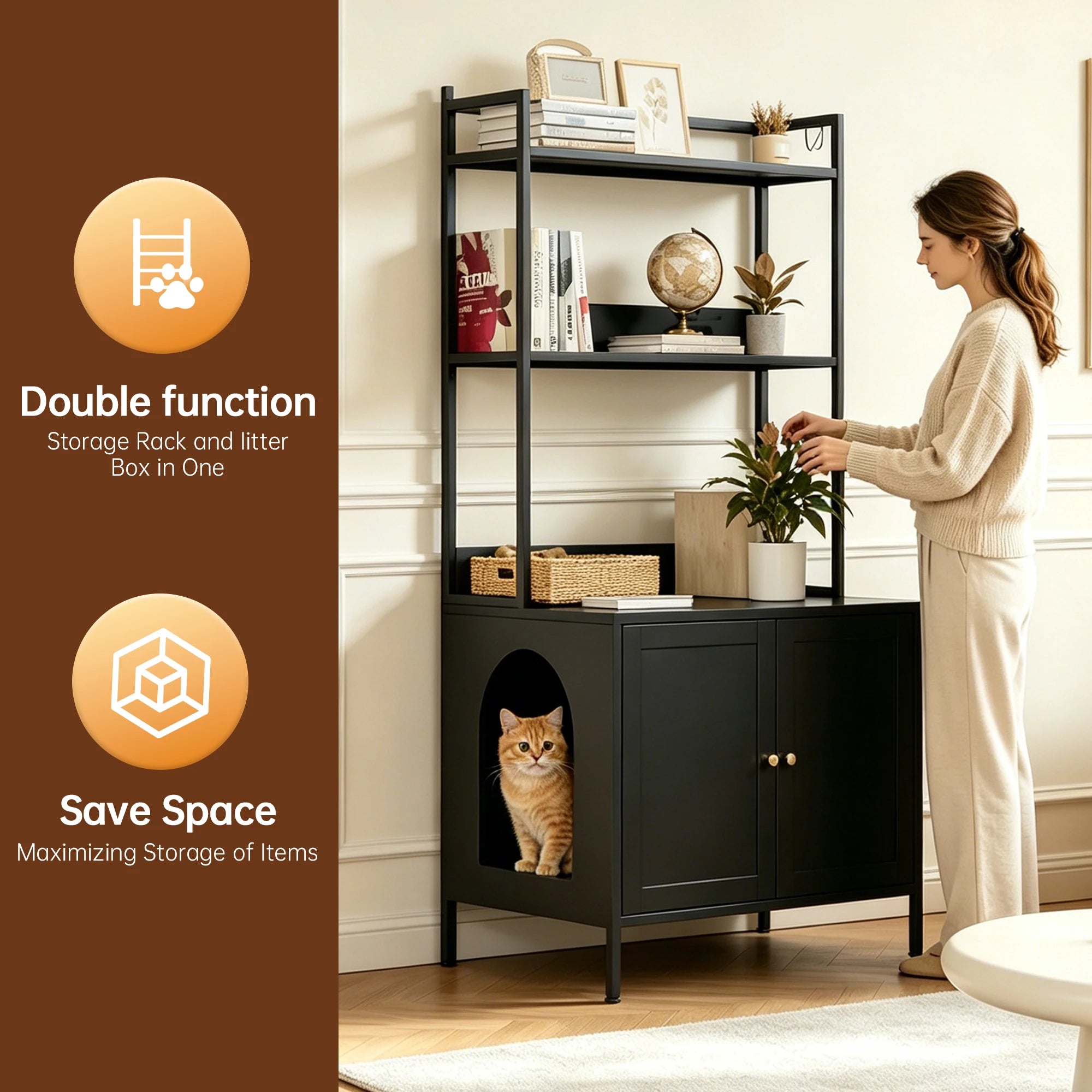 57 Inch Tall Spacious Metal Cat Litter Box Enclosure, Black Hidden Litter Box Cabinet with 3 Tier Storage Shelves Doors 4 S Hooks, Odor Control Pet Washroom Furniture, Heavy Duty Rust Resistant Large Indoor Cat House with Ele