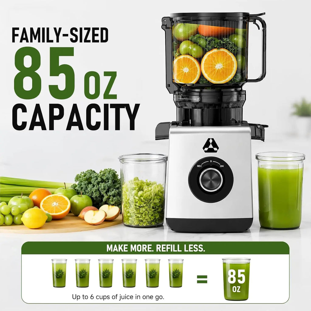 Slow Masticating Cold Press Juicer, 6.5-Inch Wide Chute for Whole Fruits and Vegetables, Easy to Clean and Clog-Resistant, Quiet