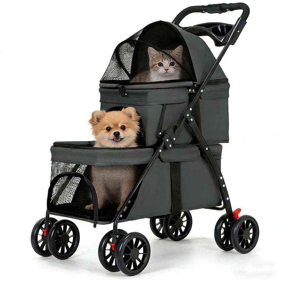 Double Pet Stroller for Small Cats and Dogs, Foldable Kittens Puppies Travel Strolling Cart with 2 Carriages, Lockable Wheels,