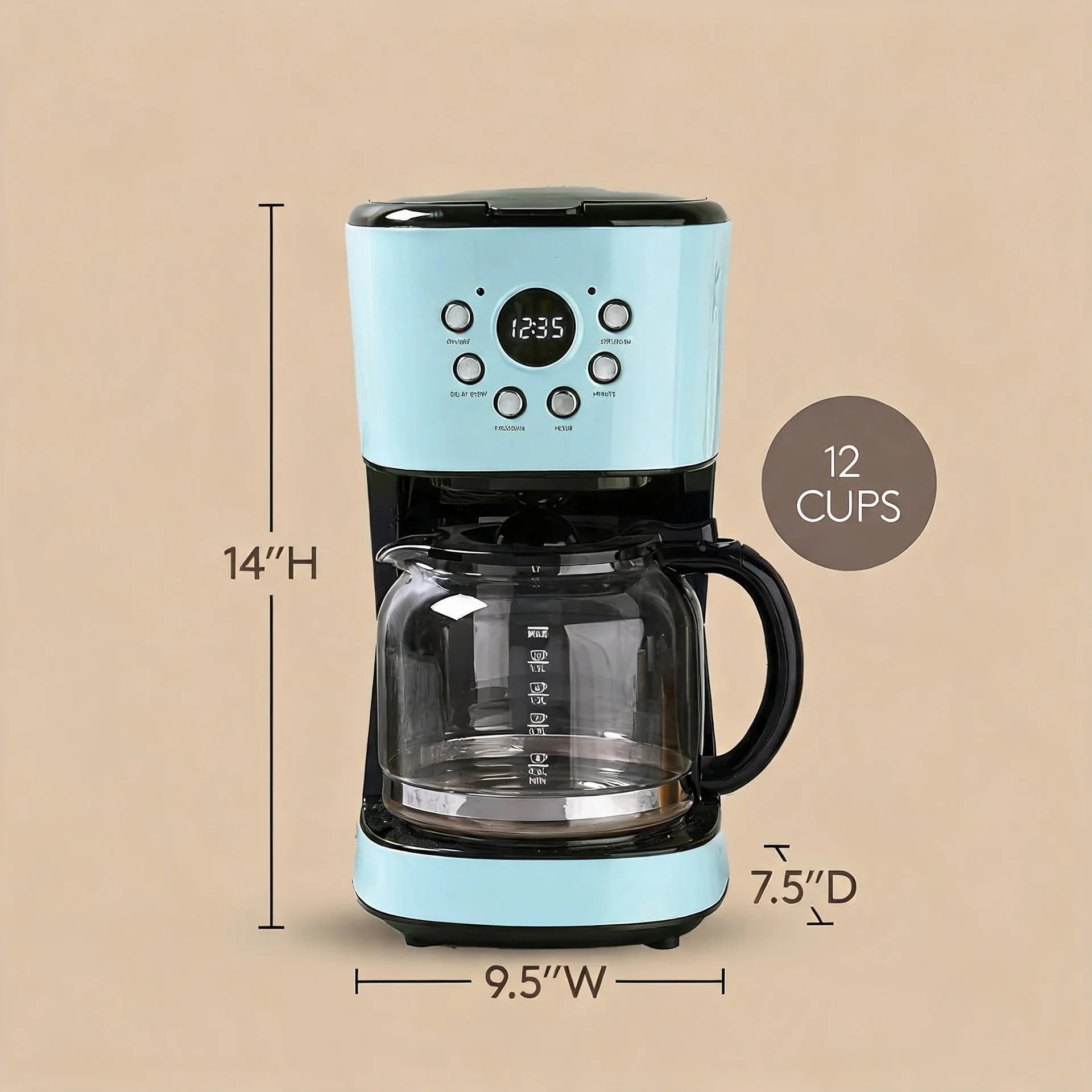 Coffee Machine, 12 Cup Programmable Drip Coffee Maker with Auto Shut-Off Function and Reusable Washable Water Filter, Turquo