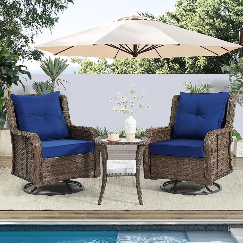3-Piece Wicker Outdoor Furniture Set with Swivel Rocking Chairs and Side Table - Brown Wicker/Blue Cushions