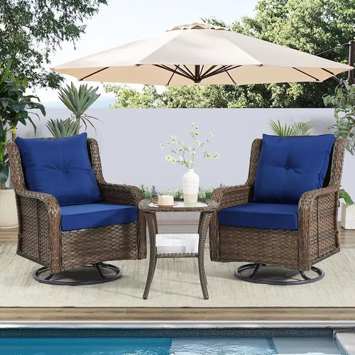 3-Piece Wicker Outdoor Furniture Set with Swivel Rocking Chairs and Side Table - Brown Wicker/Blue Cushions
