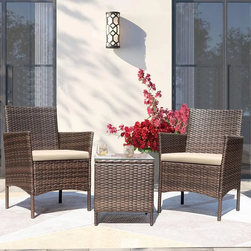 3-Piece Outdoor PE Rattan Furniture Set with Cushions and Glass Coffee Table, Brown and Beige