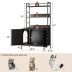 57 Inch Tall Spacious Metal Cat Litter Box Enclosure, Black Hidden Litter Box Cabinet with 3 Tier Storage Shelves Doors 4 S Hooks, Odor Control Pet Washroom Furniture, Heavy Duty Rust Resistant Large Indoor Cat House with Ele