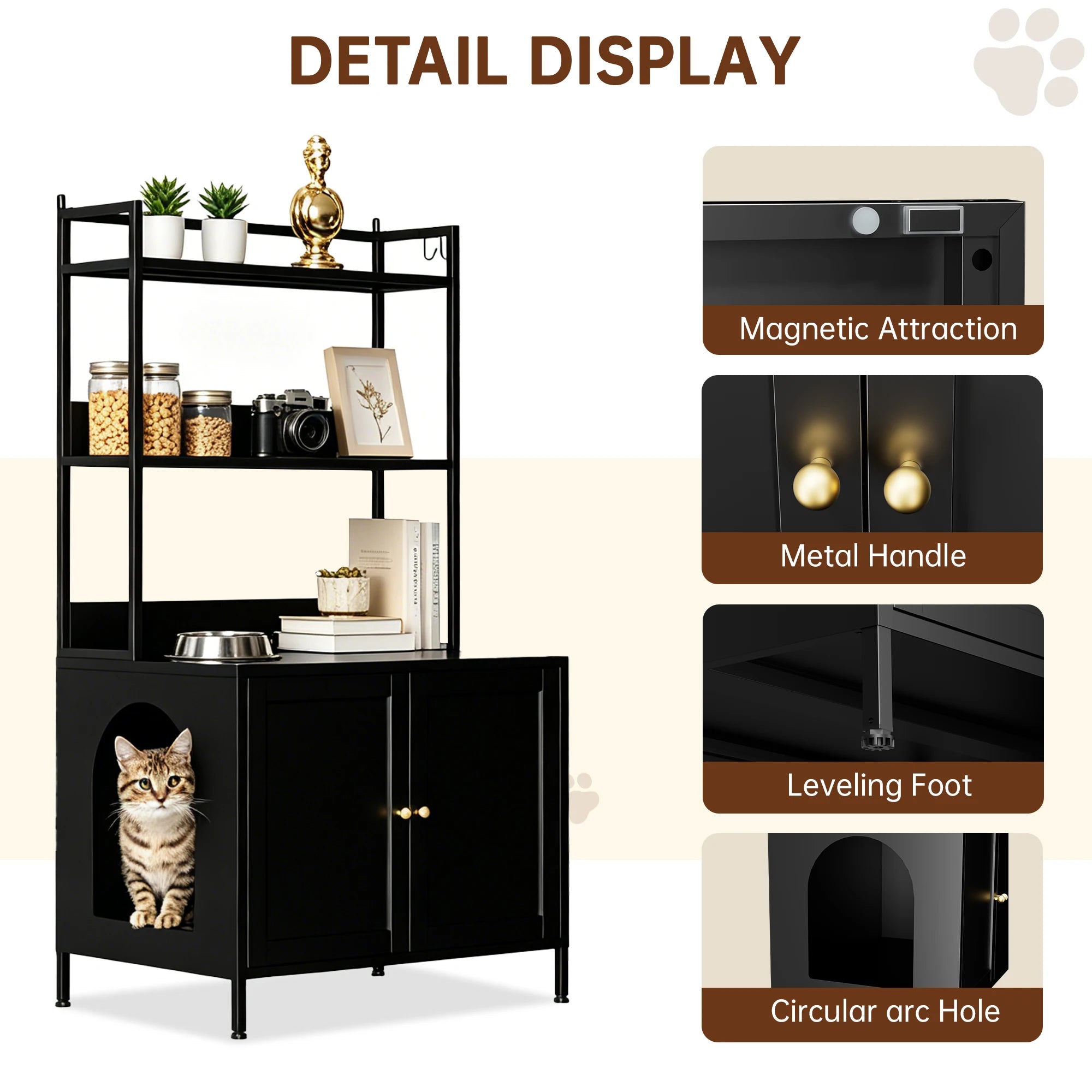 57 Inch Tall Spacious Metal Cat Litter Box Enclosure, Black Hidden Litter Box Cabinet with 3 Tier Storage Shelves Doors 4 S Hooks, Odor Control Pet Washroom Furniture, Heavy Duty Rust Resistant Large Indoor Cat House with Ele