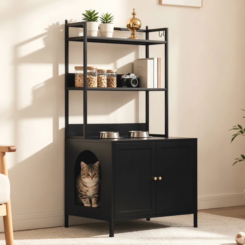 57 Inch Tall Spacious Metal Cat Litter Box Enclosure, Black Hidden Litter Box Cabinet with 3 Tier Storage Shelves Doors 4 S Hooks, Odor Control Pet Washroom Furniture, Heavy Duty Rust Resistant Large Indoor Cat House with Ele