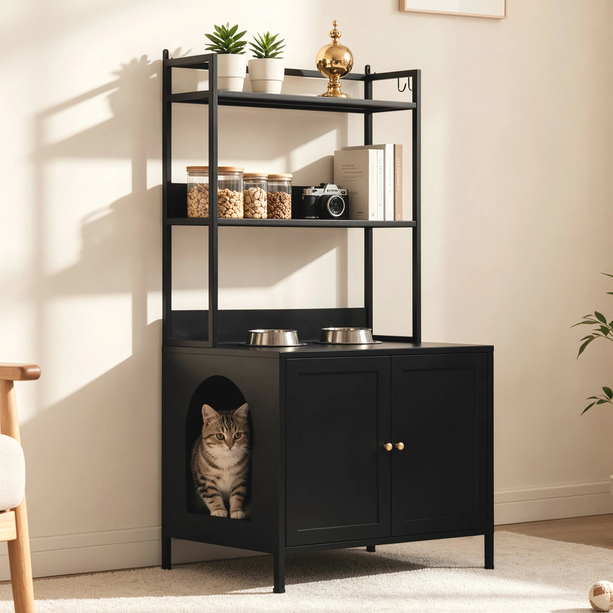 57 Inch Tall Spacious Metal Cat Litter Box Enclosure, Black Hidden Litter Box Cabinet with 3 Tier Storage Shelves Doors 4 S Hooks, Odor Control Pet Washroom Furniture, Heavy Duty Rust Resistant Large Indoor Cat House with Ele