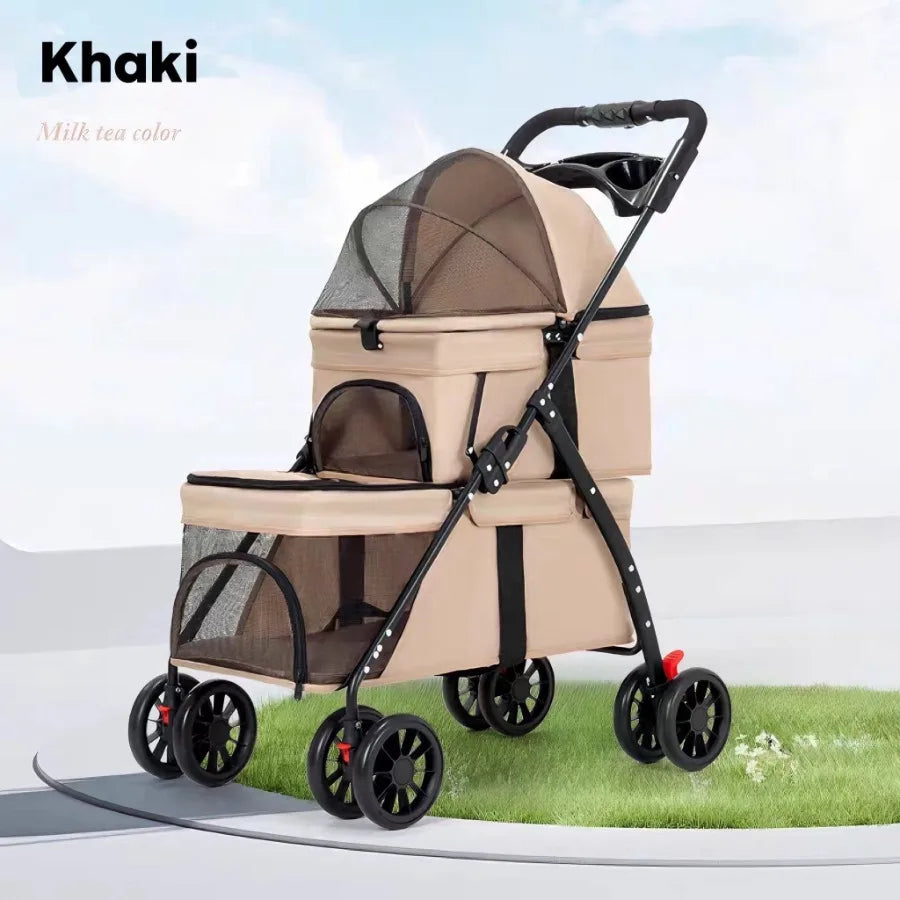 Double Pet Stroller for Small Cats and Dogs, Foldable Kittens Puppies Travel Strolling Cart with 2 Carriages, Lockable Wheels,