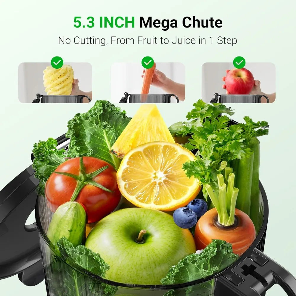 5.3" Large Mouth Feed Chute Juicer - Cold Press for Fruits & Veggies - Self Feeding, Hands-Free, Easy Clean