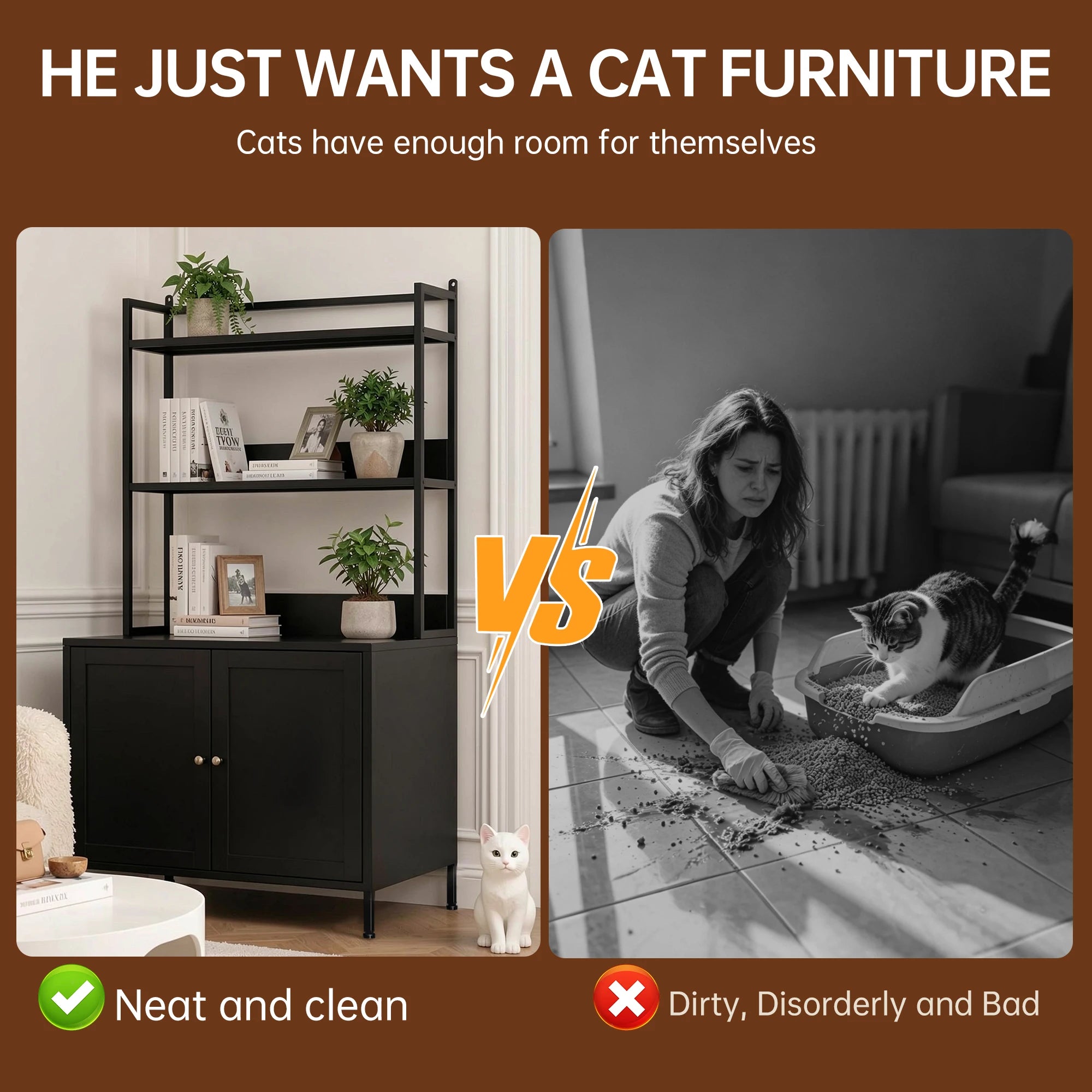 57 Inch Tall Spacious Metal Cat Litter Box Enclosure, Black Hidden Litter Box Cabinet with 3 Tier Storage Shelves Doors 4 S Hooks, Odor Control Pet Washroom Furniture, Heavy Duty Rust Resistant Large Indoor Cat House with Ele