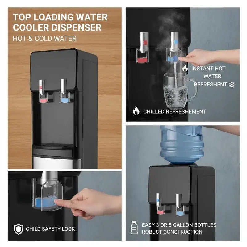 Top Loading Water Cooler Dispenser, Hot and Cold Water Dispenser for 3 or 5 Gallons Bottles, Sturdy Stainless Steel and Child Security Lock, Ideal for Homes, Kitchens, Offices, Dorms, Black