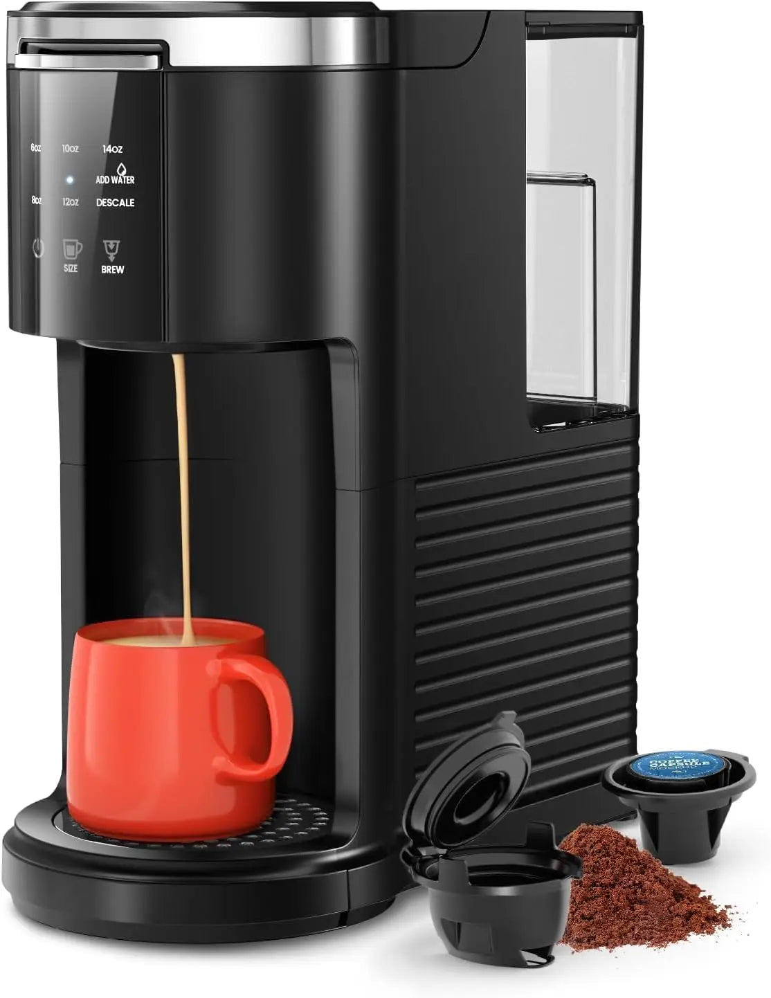 Single Serve Coffee Maker, 2 in 1 Drop Coffee Machine Compatible with K Cup & Ground Coffee, 5 Brew Sizes 6-14 Oz, 40oz Remov