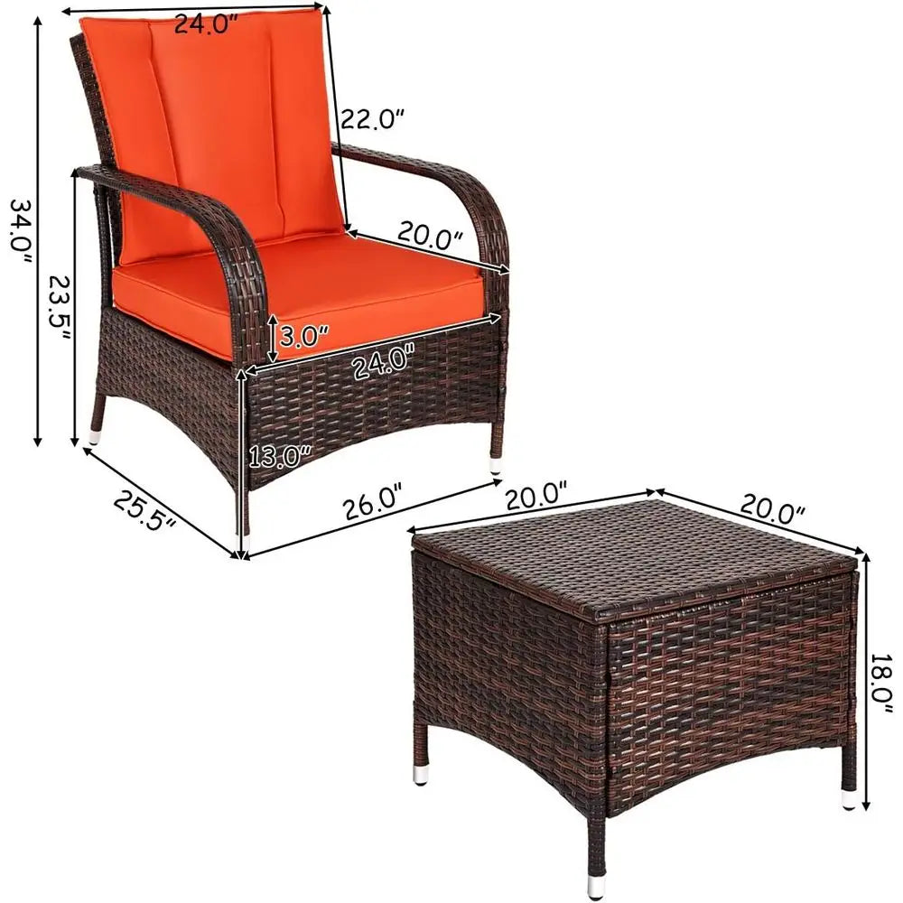 3-Piece Patio Furniture Set: 2 Wicker Chairs with Glass Top Coffee Table, Outdoor Garden Porch Poolside Seating