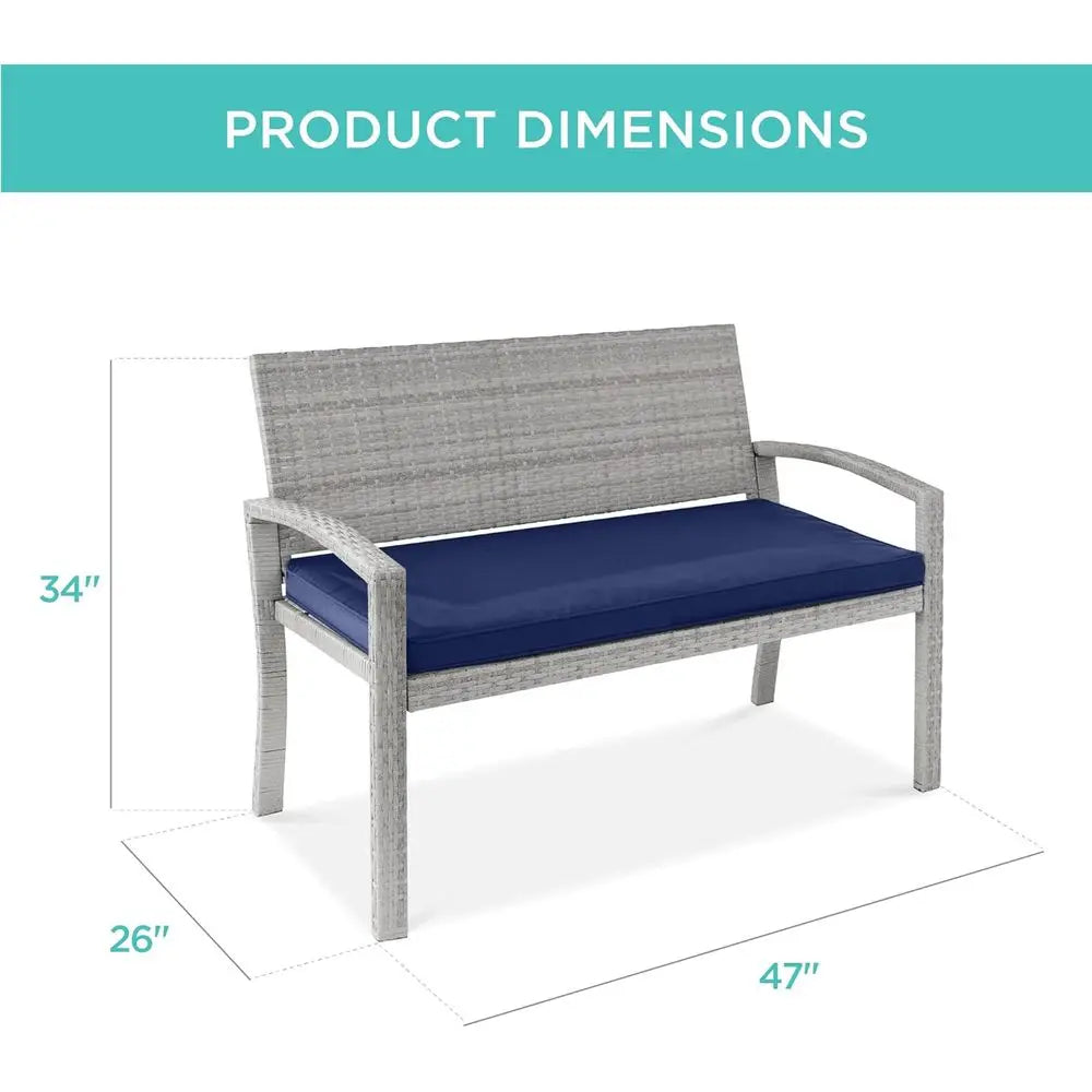 Outdoor Bench 2-Person Wicker Garden Patio Benches Seating urniture or Backyard, Porch w/Seat Cushion, 700lb acity - Gray/Navy