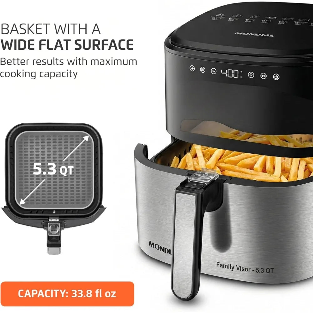 Digital Air Fryer 5.3QT High Power Stainless Steel Finish Black Inox